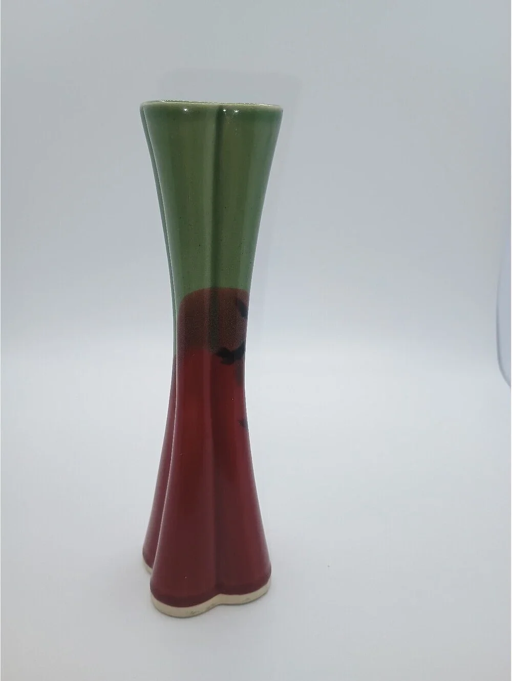 Vintage Ceramic Flower Vase with Green and Red Floral Design signed by Follette